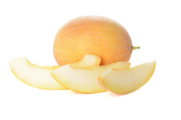 Sweet ripe melon and slices on white background