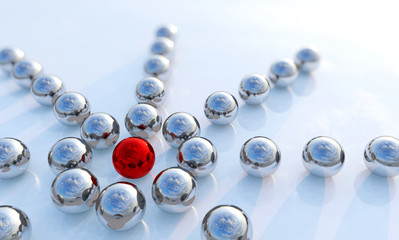 Concept or conceptual collection of balls in form of a circle with a red one standing out on blue background as a metaphor for creativity and leadership. A courage or success 3d illustration