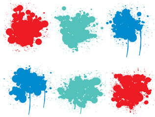 Collection of artistic grungy paint drop, hand made creative splash or splatter stroke set isolated white background. Abstract grunge dirty stains group, education or graphic art decoration