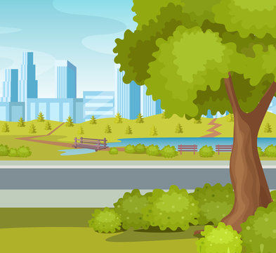 City street road with skyscraper cityscape buildings and a large spreading tree. City landscape. Real estate cartoon vector illustration