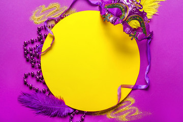 Empty greeting card with festive decor on color background © Pixel-Shot