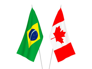 National fabric flags of Brazil and Canada isolated on white background. 3d rendering illustration.