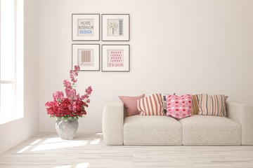 Stylish room in white color with sofa. Scandinavian interior design. 3D illustration