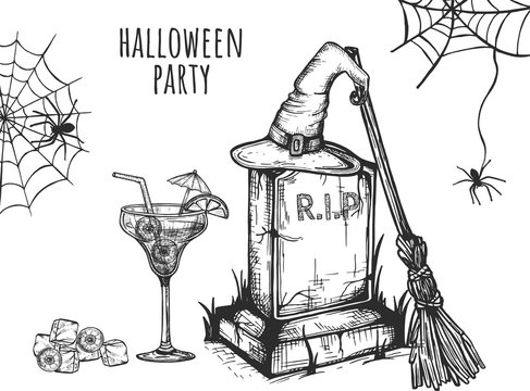 Halloween party. Cocktail with eyes, witch hat on a tombstone. Broom. Vector graphics. hand-drawn picture. Eps