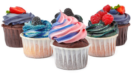 Group of cupcakes with colored topping isolated on white background