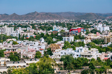 Udaipur, India - 10 Feb. 2014 - Aerial view of Udaipur city, Rajasthan