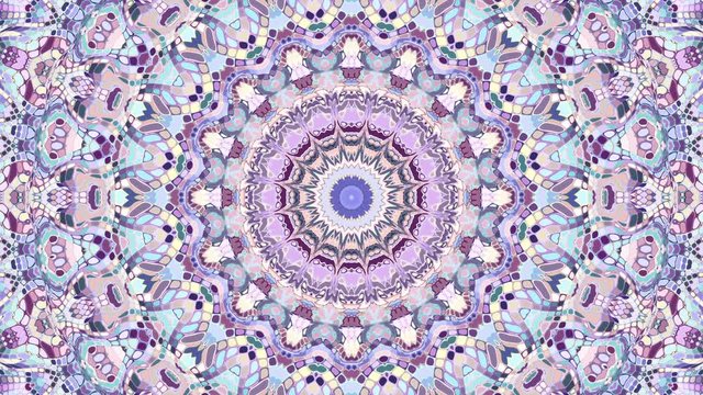 Transforming ornamental vintage mosaic art circle in retro style. Seamless loop footage.
