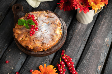 apple pie, dark backdrop, red currant, autumn colours, homemade cake