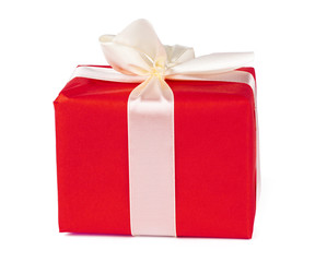 Stylish wrapped gifts with white ribbon isolated on white background