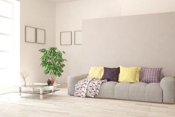 Stylish room in white color with sofa. Scandinavian interior design. 3D illustration