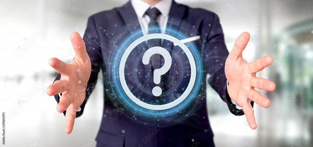 Poster man holding a technology question mark icon on a circle 3d rendering
