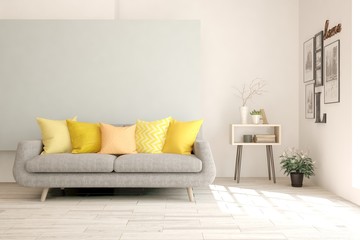 Stylish room in white color with sofa. Scandinavian interior design. 3D illustration