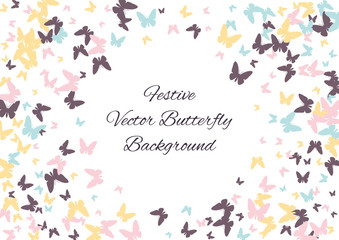 Festive colorful butterfly confetti background. Frame vector pattern texture for holiday, postcard, poster, website, carnival, banner, birthday and children's parties. Butterfly summer cover mock-up. 