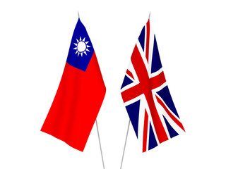 National fabric flags of Great Britain and Taiwan isolated on white background. 3d rendering illustration.