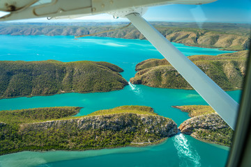 View from under the wing of the plane over the horizontal falls site in Western Australia