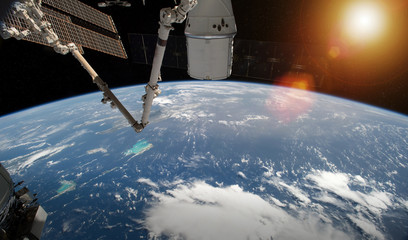 View of planet Earth from a space station window during a sunrise 3D rendering elements of this image furnished by NASA - obrazy, fototapety, plakaty