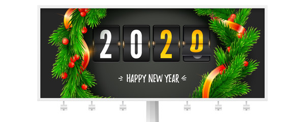 Naklejka premium Billboard with greetings of Christmas or New Year 2020. Mechanical flip clock decorated of fir branches and ribbons. Hand lettering of happy new year written in chalk. Vector 3d illustration