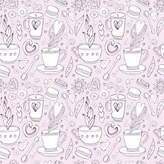 Seamless pattern of Doodle tea and coffee hand drawn in outline. Tea time elements. Cup, mug, spoon, dessert, cookies, souffle, sweets, heart. Vintage style.