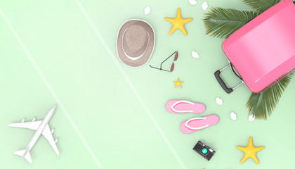Flat lay Pink suitcase and sunglasses ,Luggage bag on Natural Green background and Airplane modern Art accessories and leaf with Backpacker Summer - holidays vacation travel Beach - 3d rendering