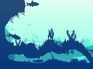 Silhouette of fish and algae on the background of reefs. Underwater ocean scene. Deep blue water, coral reef and underwater plants. a beautiful underwater scene; a vector seascape with reef.