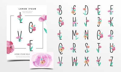 Beautiful alphabet number collection with floral watercolor decoration