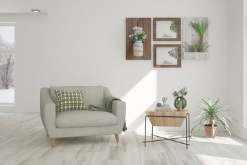 Stylish room in white color with armchair. Scandinavian interior design. 3D illustration