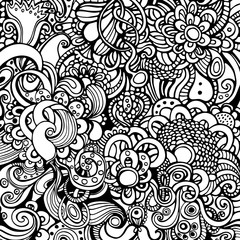 Decorative hand drawn floral black and white background. Vector Illustration.