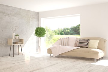 Stylish room in white color with sofa and summer landscape in window. Scandinavian interior design. 3D illustration