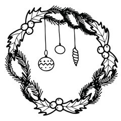 Hand drawn vector christmas wreath doodle icon. New year decoration.