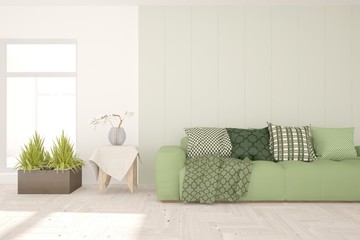 Stylish room in white color with sofa. Scandinavian interior design. 3D illustration