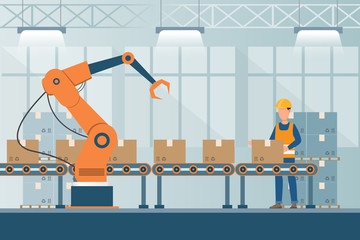 smart industrial factory in a flat style with workers, robots and assembly line packing