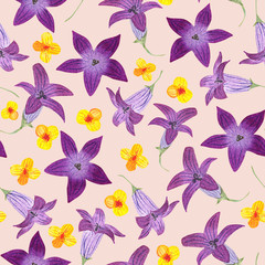 Obraz na płótnie Canvas Seamless pattern with watercolor garden bluebells and anemones on warm background. Good design for textile, wallpaper, backdrop, casing-paper etc.