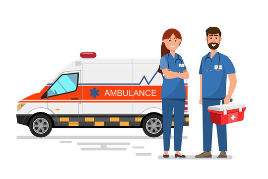 ambulance medical service carrying patient with man and woman staff