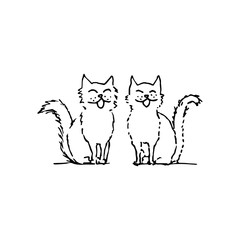 Cat couple smiling, singing and sitting. Black outline on white background. Picture can be used in greeting cards, posters, flyers, banners, logo, further design etc. Vector illustration. EPS10