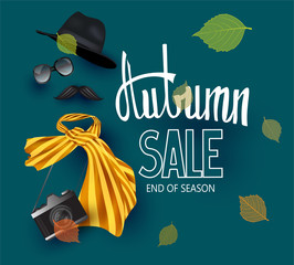 Autumn sale banner with accessoires and falling leaves. Vector illustration