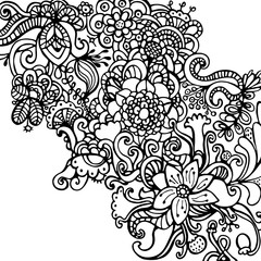 Decorative hand drawn floral black and white background. Vector Illustration.