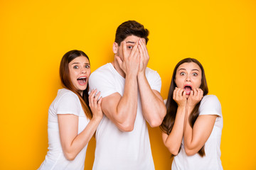 Portrait of three nice attractive nervous devastated frustrated person expressing fear sorrow...