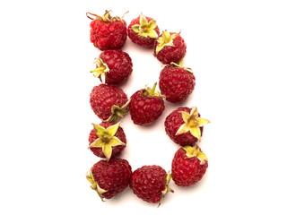 Isolated alphabet letter lined with fresh raspberries