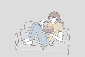 Depression, mental health, stress concept. Upset sad young woman or girl eating cake, sweets, fastfood. Unhappy lady or student in a bad mood or on the verge of a psychological breakdown alone takes