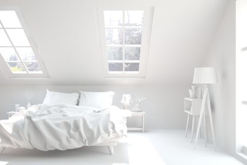 Modern bedroom in white color. Scandinavian interior design. 3D illustration
