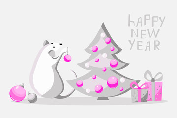 White metal rat decorates a Christmas tree. The symbol of Chinese New Year and Christmas 2020. Vector illustration. Party accessories and letters collage for design of greeting card, banner, template.