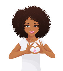 Girl making heart shape with pink cancer awareness ribbon vector illustration isolated