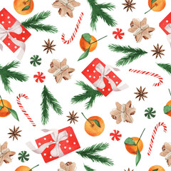 Seamless pattern with watercolor cookie, gift, fir branches, tangerines, candies and clove. Template is perfect for christmas and vintage design wallpaper.