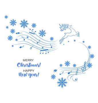Running deer and winter music. Merry Christmas and Happy New Year. Poster, postcard  with the image of a deer, musical notes and snowflakes. Design for decoration of the festive music program 