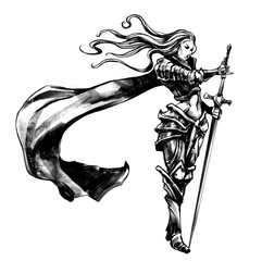 A beautiful woman knight with flowing hair and a cloak in the wind, gracefully stands leaning on a long sword. 2D illustration .