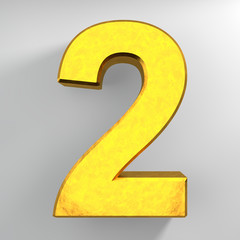 Number 2 gold color collection on white background illustration 3D rendering
