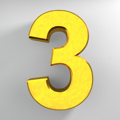 Number 3 gold color collection on white background illustration 3D rendering