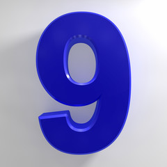Number 9 blue color collection on white background illustration 3D rendering