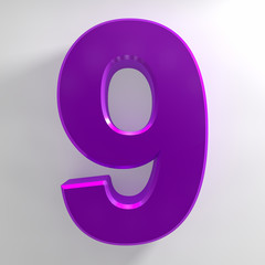 Number 9 purple color collection on white background illustration 3D rendering