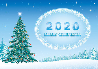 Merry Christmas and Happy New Year 2020. Vector design of a Christmas tree on a beautiful winter landscape against the background of the starry sky in 3D image in an oval with snowflakes